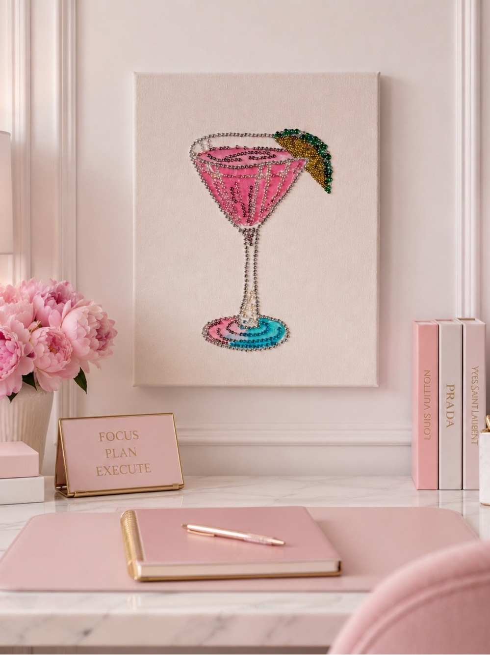 Pink Martini Rhinestone Wall Art 8x10 | Handcrafted Crystal Canvas One of a Kind